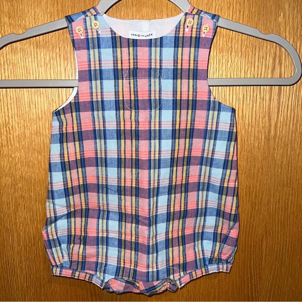 Janie and Jack Plaid Romper Kids 6-12 Months‎ Multi-Color Button Shoulder Bubble